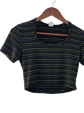 Vintage 90s Roxy Wear Crop Top L Black Green Striped Emo Grunge Hip Hop T Shirt